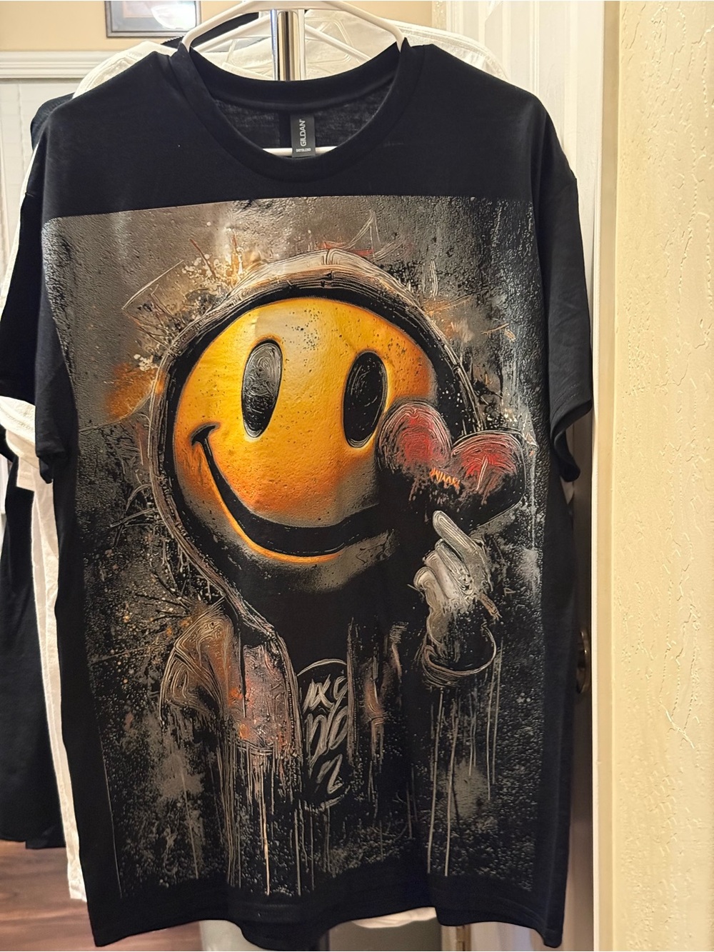 New Gildan Black Short-Sleeve Tee with Yellow Smiley Face and Red Heart Graphic